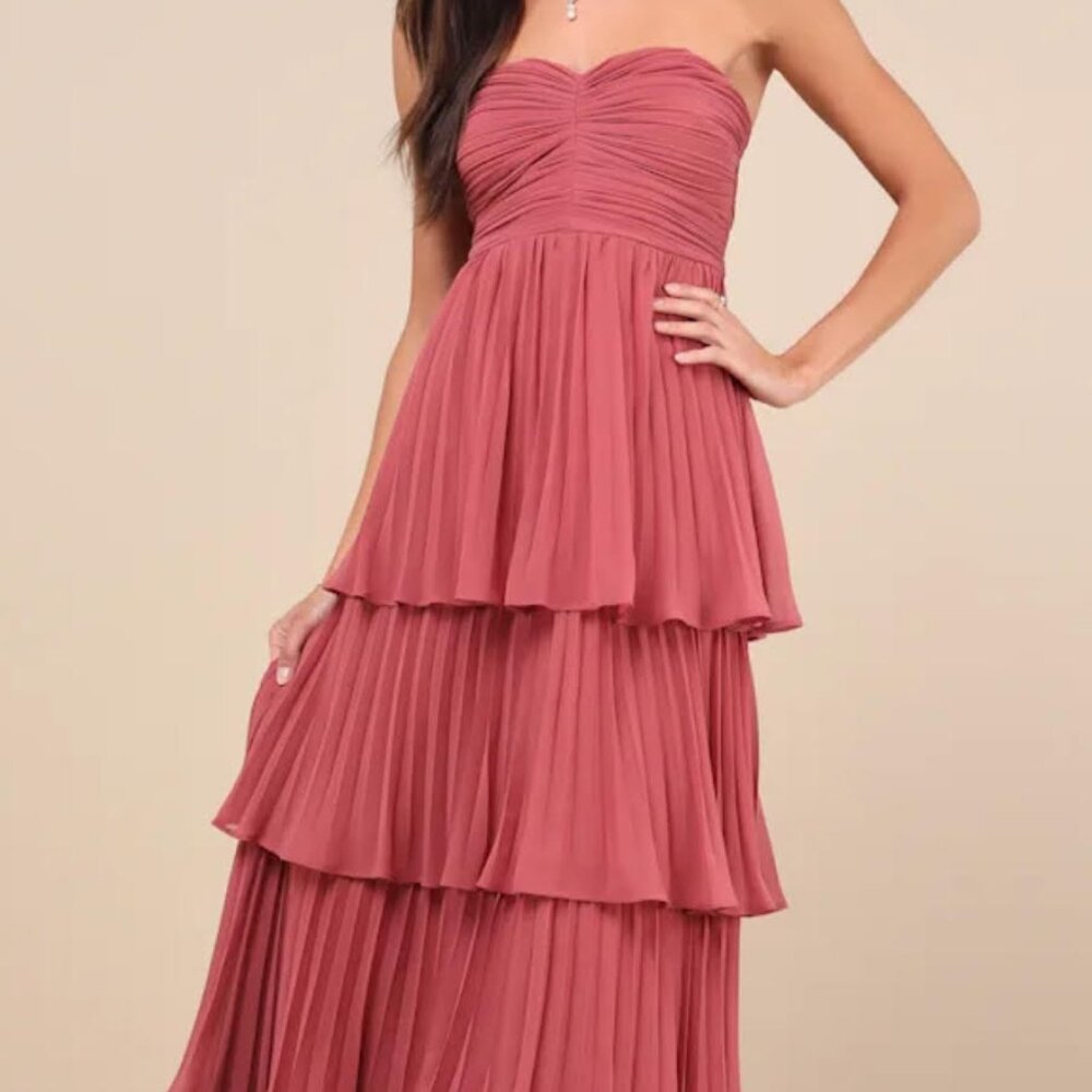 Lulus Seriously Sensational Rusty Rose Strapless Tiered Maxi Dress